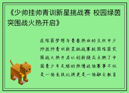 《少帅挂帅青训新星挑战赛 校园绿茵突围战火热开启》